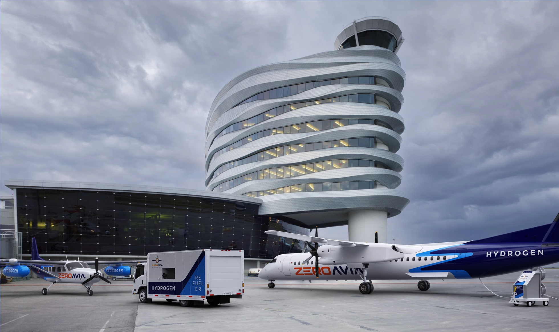 Photo of YEG tower with a ZeroAvia plane in front of the tower