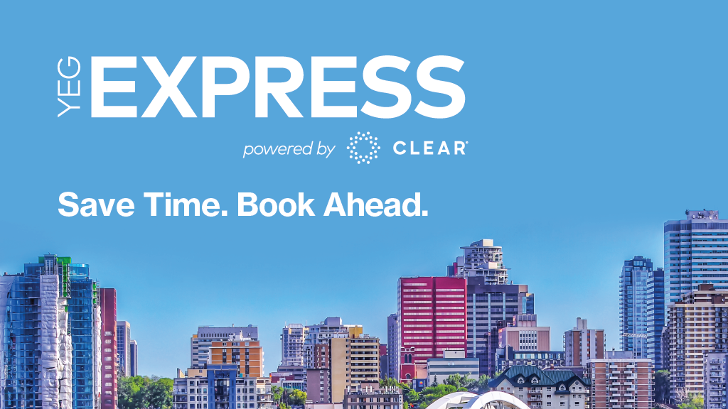 Une photo de la ville d'Edmonton avec écrit en fond « YEG Express Save Time. Book Ahead » en lettres blanches