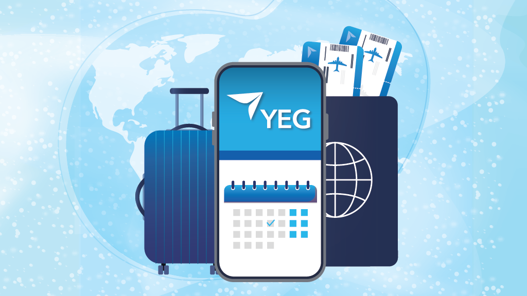 Image vectorielle d’un téléphone portable sur lequel est inscrit le mot YEG, d'une valise bleue sur la gauche et d’un passeport avec une carte d’embarquement sur la droite.